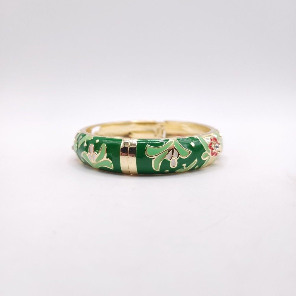 Floral Enamel Hinge Bangle 18K Gold Plated Rhinestone Bracelet - Picture 2 of 6
